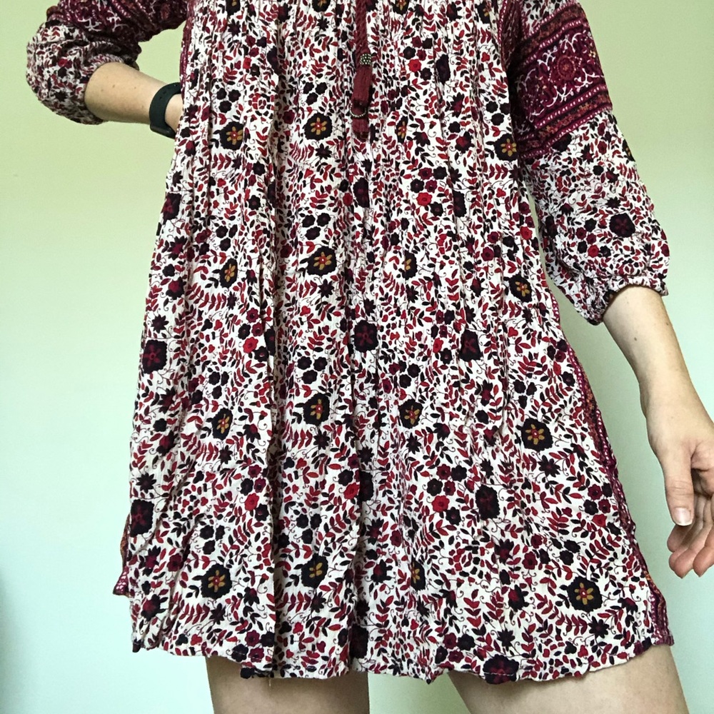 AEO Red Wine Floral Boho Tunic Dress